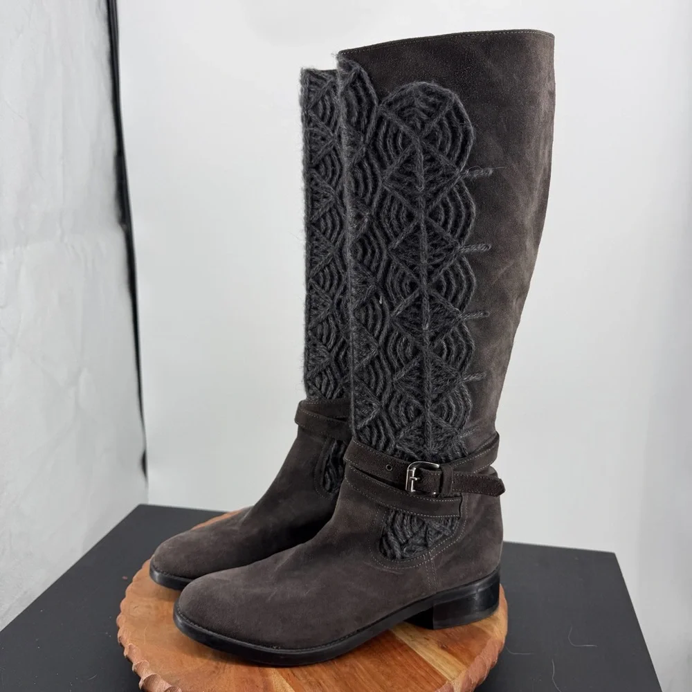 Napoleoni‎ suede knee-high boots sweater-knit embroidered shaft buckled strap 41